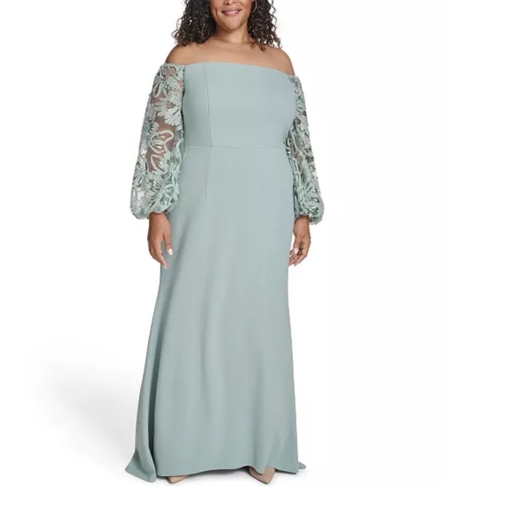 Eliza J Sage Green Off The Shoulder Embroidered Sequin Sleeve Gown 6